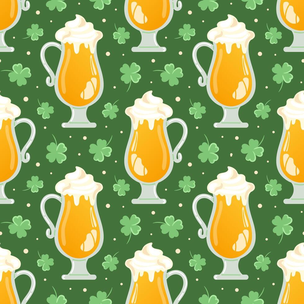 Seamless pattern of St. Patricks Day symbols. Beer, Oktoberfest. Four-leaf clover. Good luck. Magic, religious traditions. For wallpaper, fabric, packaging, background. vector