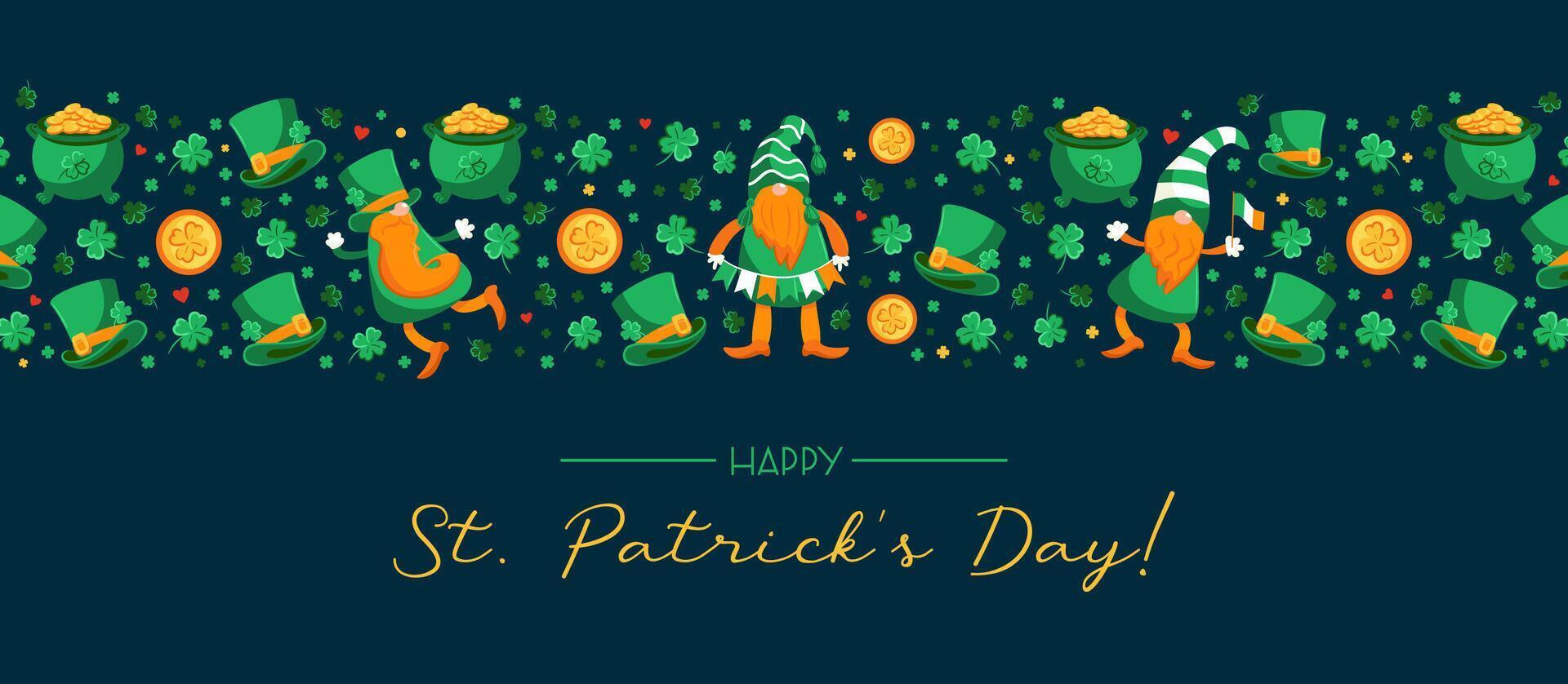 Horizontal banner of St. Patricks Day symbols. leprechauns. Cartoon characters in top hat, with garland, Irish flag. Golden cauldron, vintage. Four-leaf clover. Good luck. Magic, religious traditions vector
