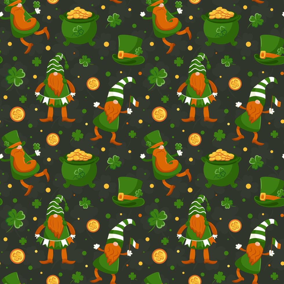 Seamless pattern of St. Patricks Day symbols. leprechauns. Cartoon characters in top hat, with garland, Irish flag. Golden cauldron, vintage. Four-leaf clover. Good luck. Magic, religious traditions vector