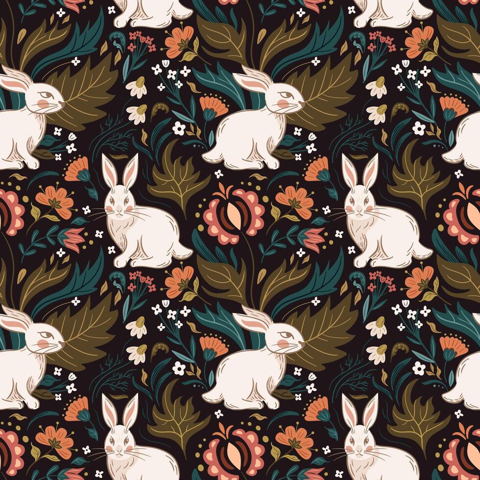 Easter bunny seamless pattern. Slavic flowers and wild herbs. Vintage folk illustration. For wallpaper, fabric, wrapping, background. Peach Fuzz vector