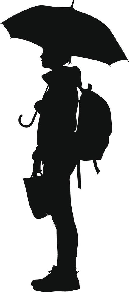 AI generated Silhouette woman student with umbrella black color only vector