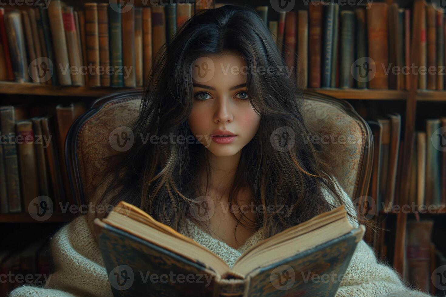 AI generated adolescent girl rests cozily in an armchair, engrossed in a captivating book photo