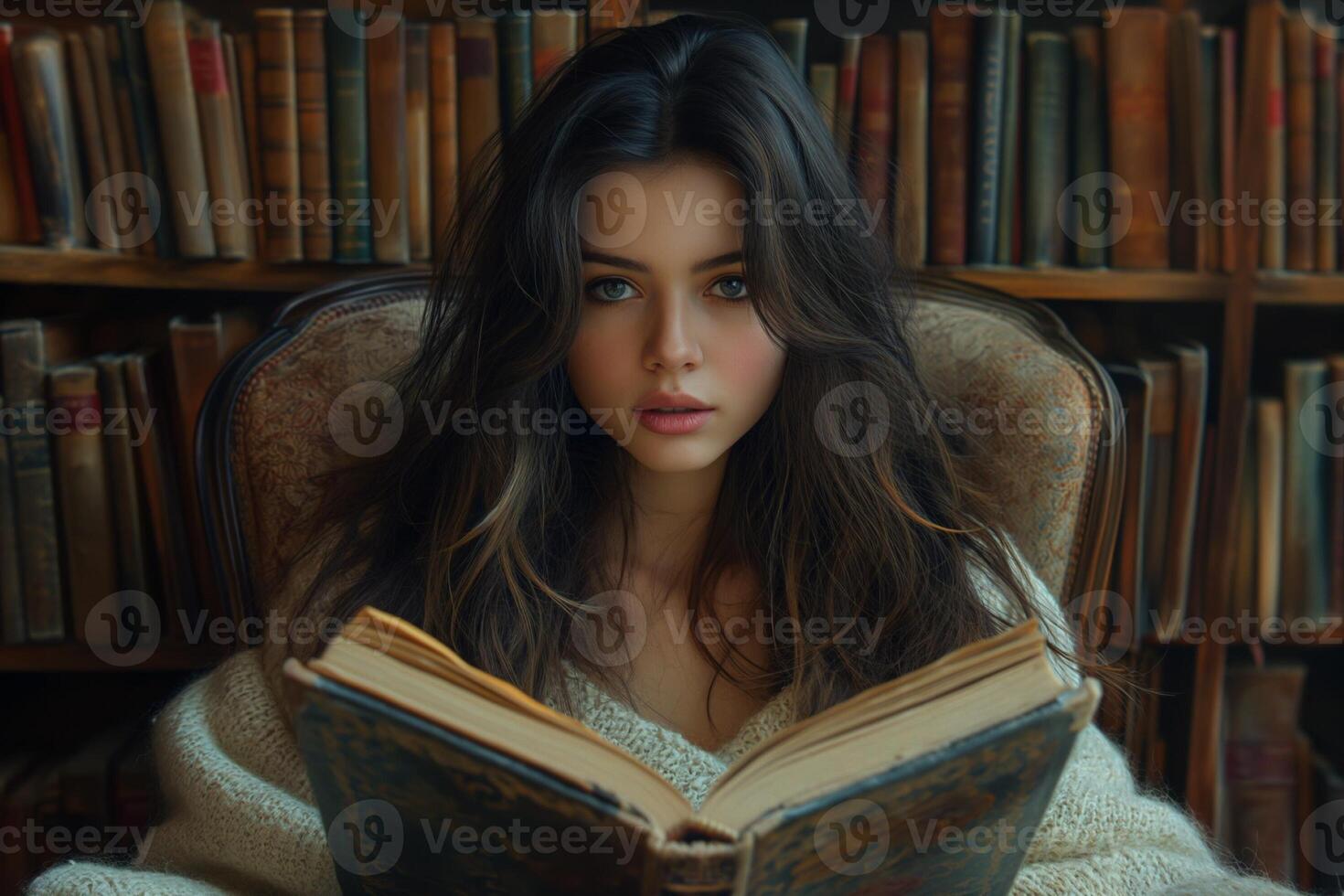 ai generado adolescente niña descansa cómodamente en un sillón, absorto en un cautivador libro foto