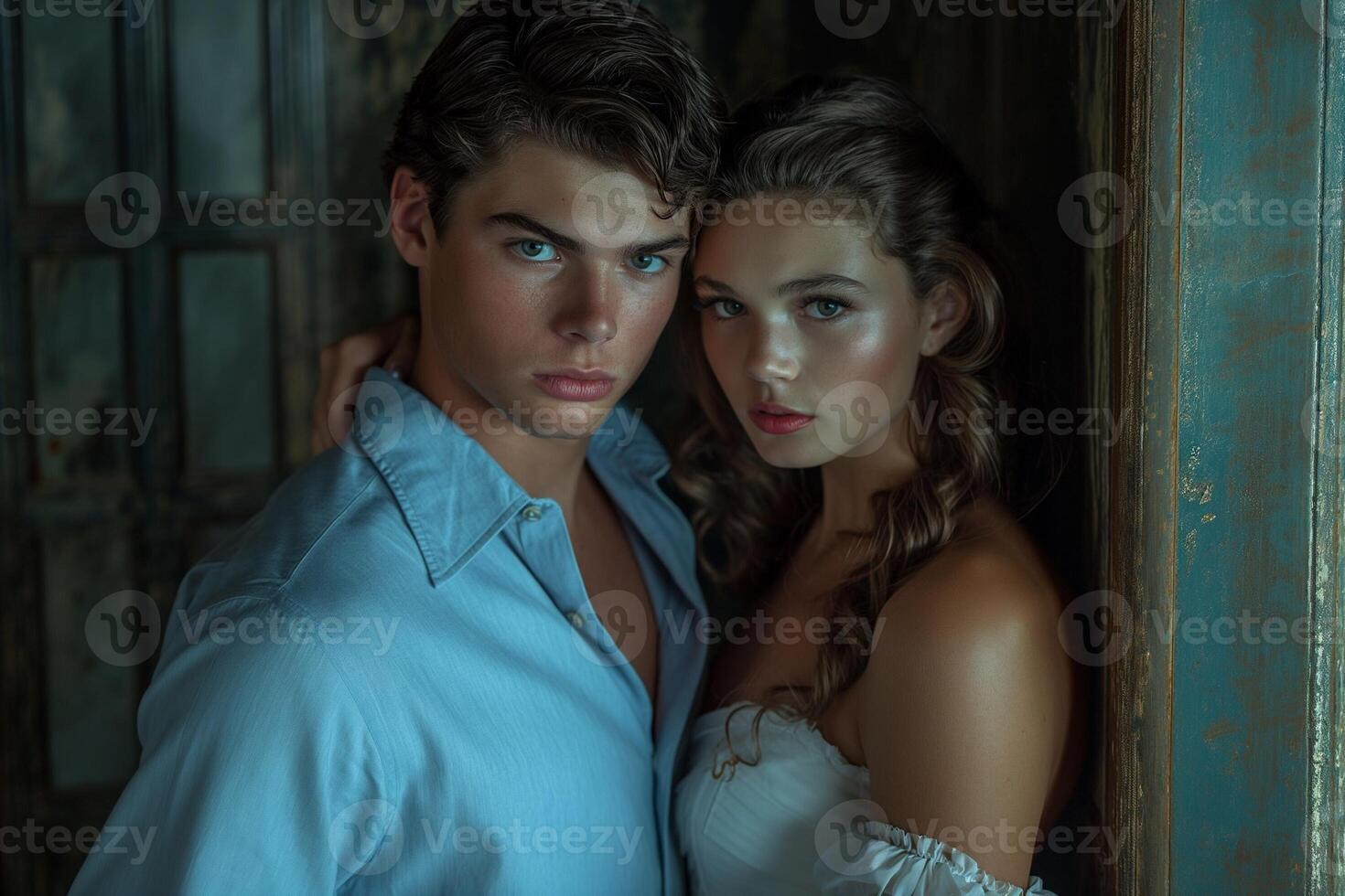 AI generated young english man in blue shirt is standing close to the door of a quiet dark luxuriant room in the night with a young lady in white arm dress photo