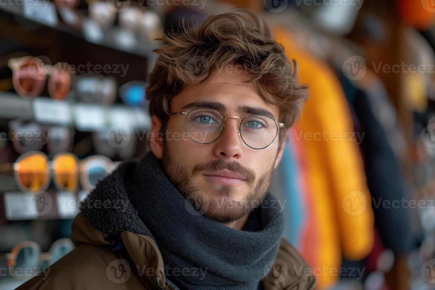 ai generado gran angular instantánea de un joven hombre a el lente Tienda foto