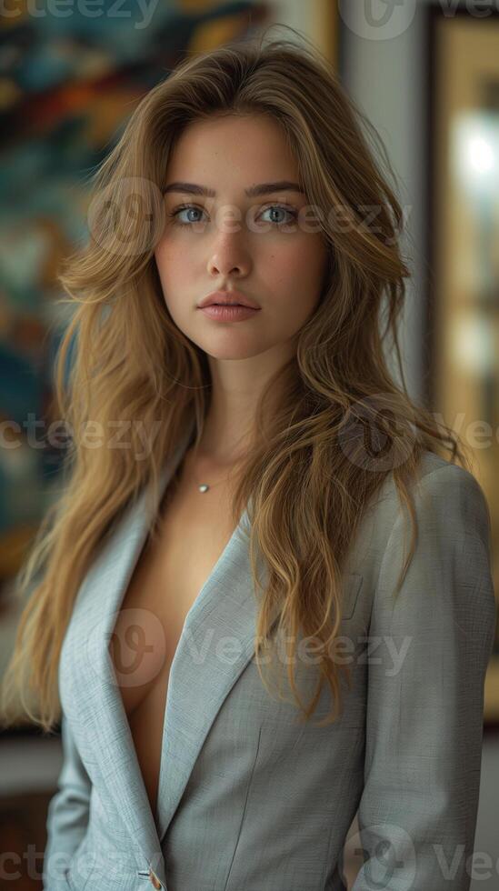 AI generated Ukrainian female model wearing a modern, sleek business suit photo