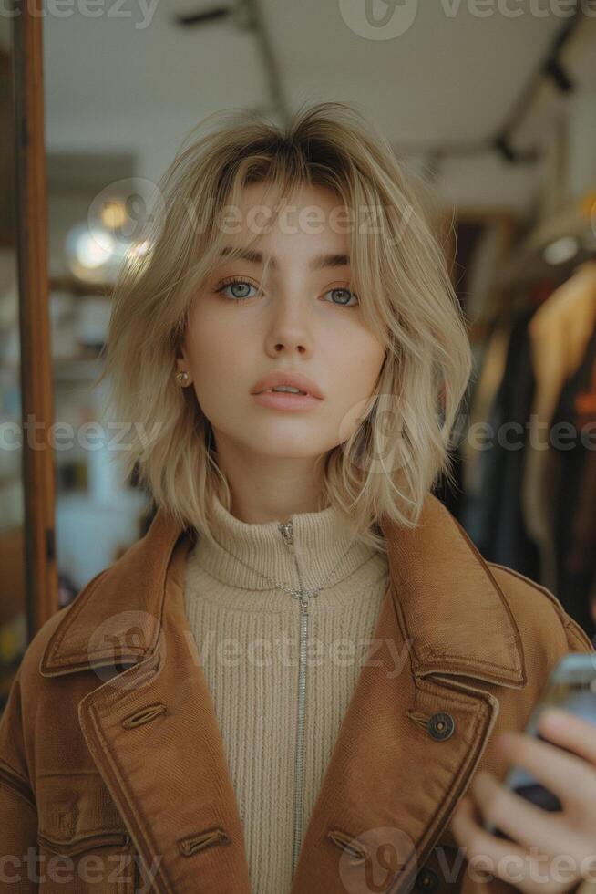 AI generated Woman with short blond hair, about 25 years old. Taking a selfie, holding a smartphone in a large mirror in a clothing store photo