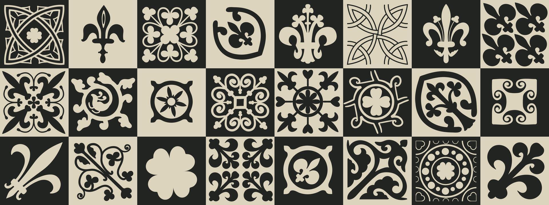 Celtic seamless pattern. Medieval square tiles with Irish folk tribal motifs and knots. vector