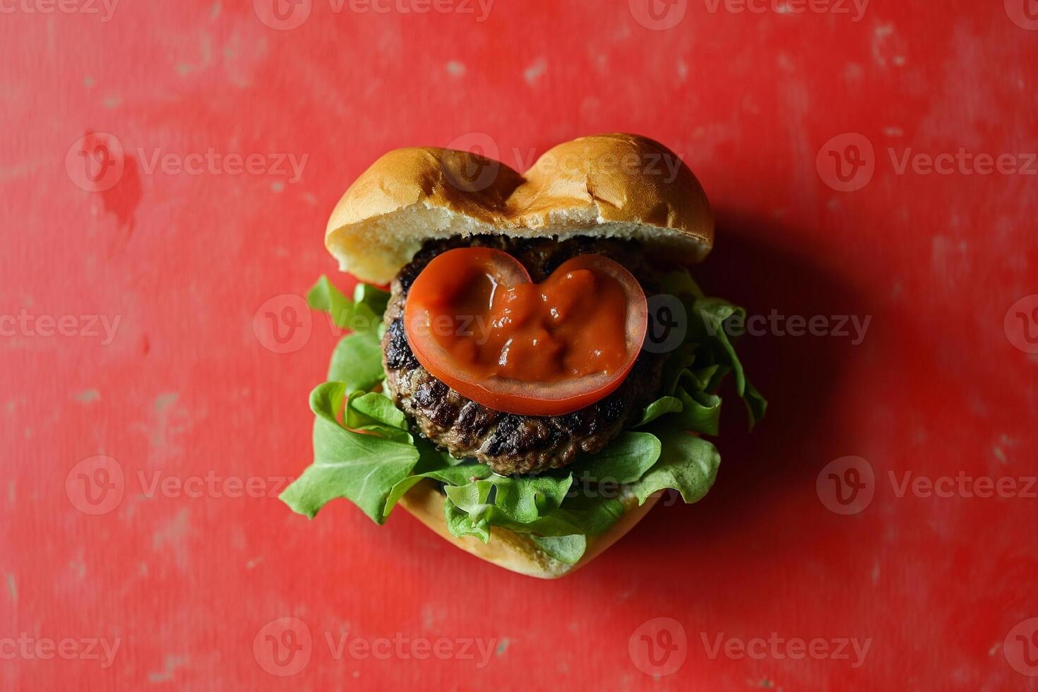 AI generated Homemade heart shaped hamburger with beef, tomato and lettuce on wooden background photo