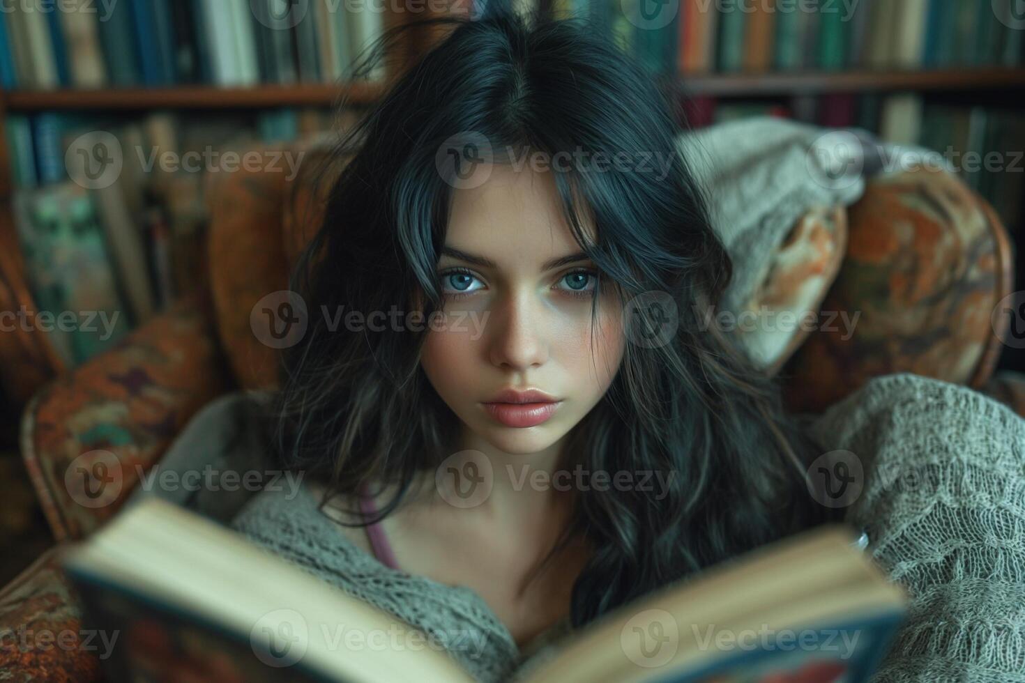 AI generated adolescent girl rests cozily in an armchair, engrossed in a captivating book photo