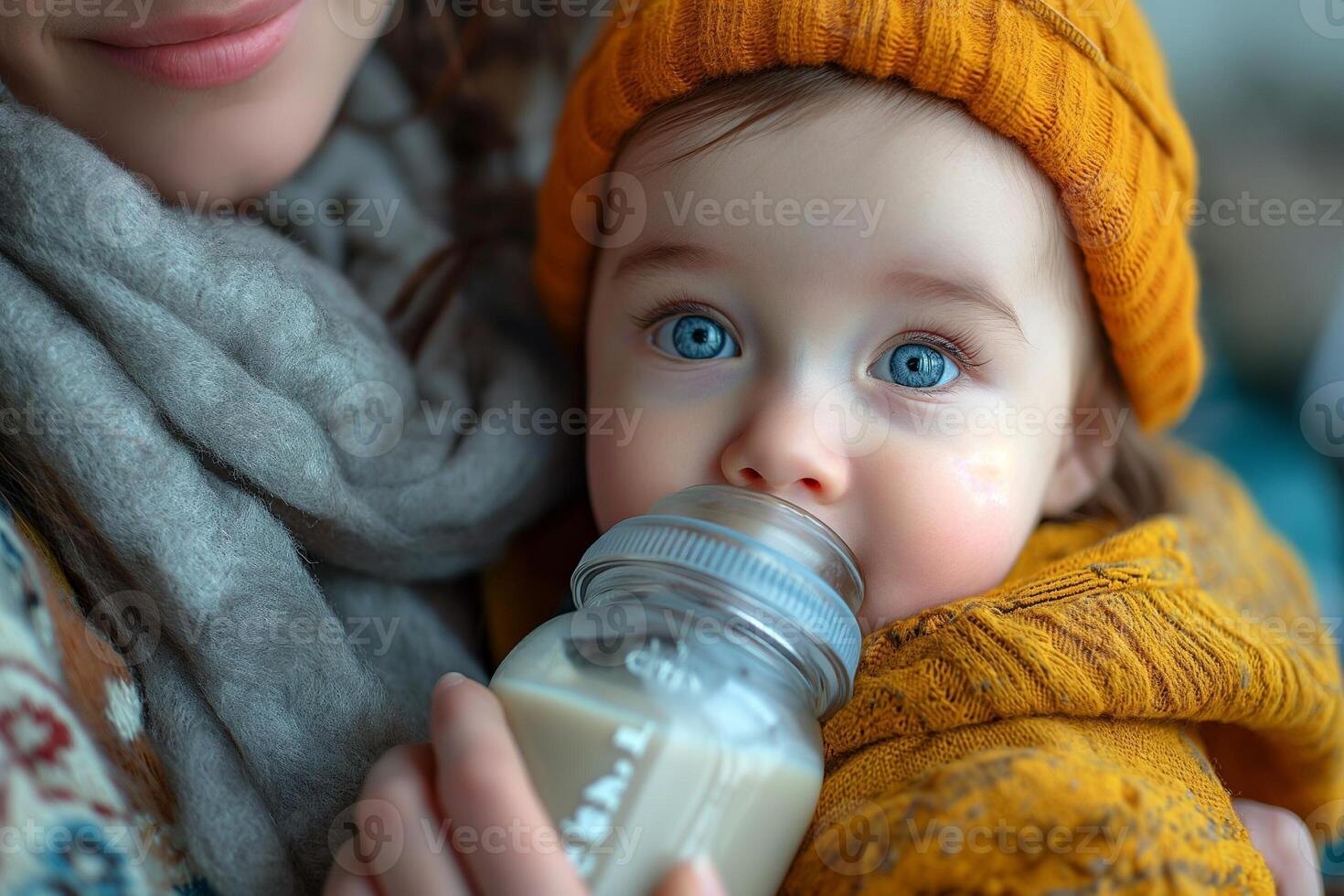 ai generado alimentación un bebé desde un botella con Leche foto