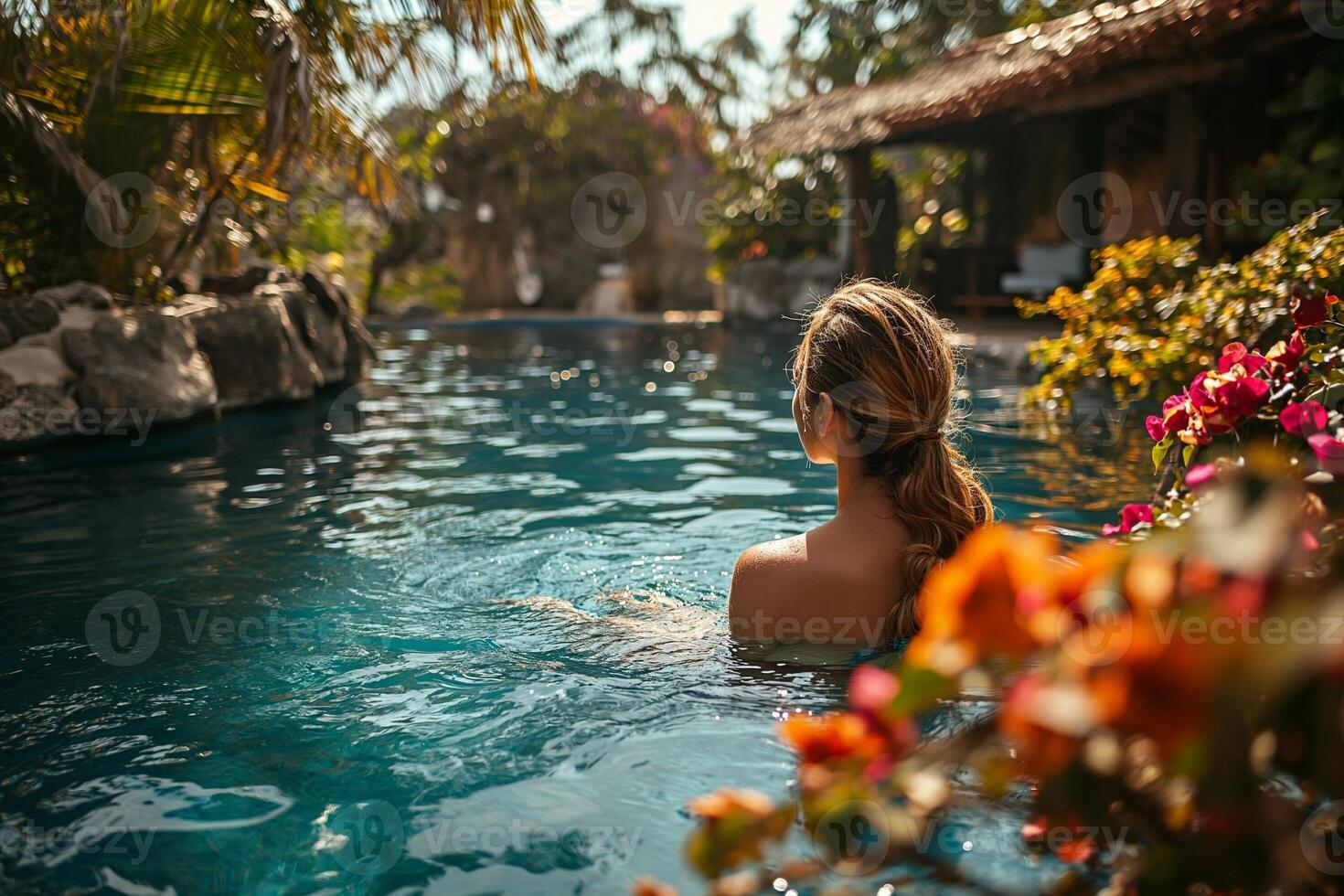 ai generado joven hermosa niña descansando y relajante por el piscina en el zona tropical foto