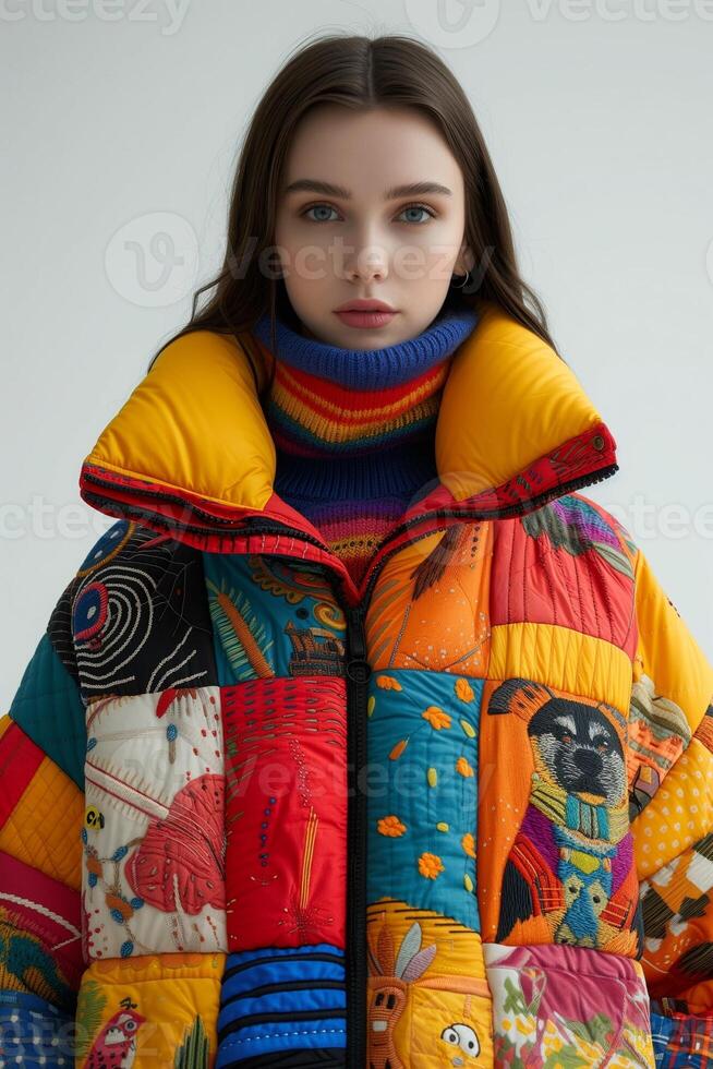 AI generated Naive Puppies Pattern Quilted Down Jacket Front-View photo