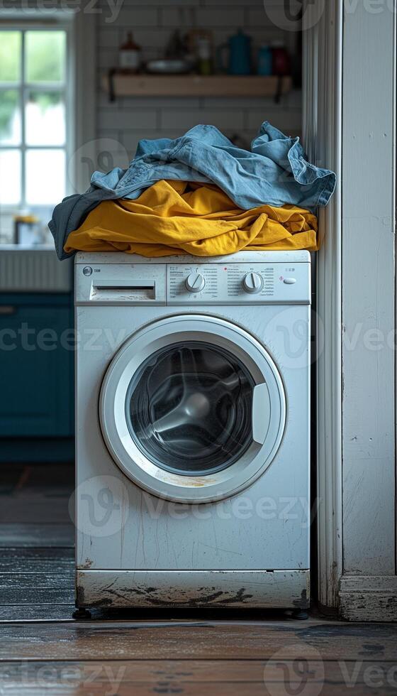 AI generated Dirty Laundry Stacked by Washing Machine photo