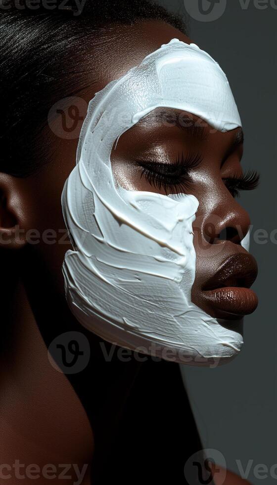 AI generated Close-up Beauty Portrait of Light-Skinned Black Woman Applying Clay Mask photo