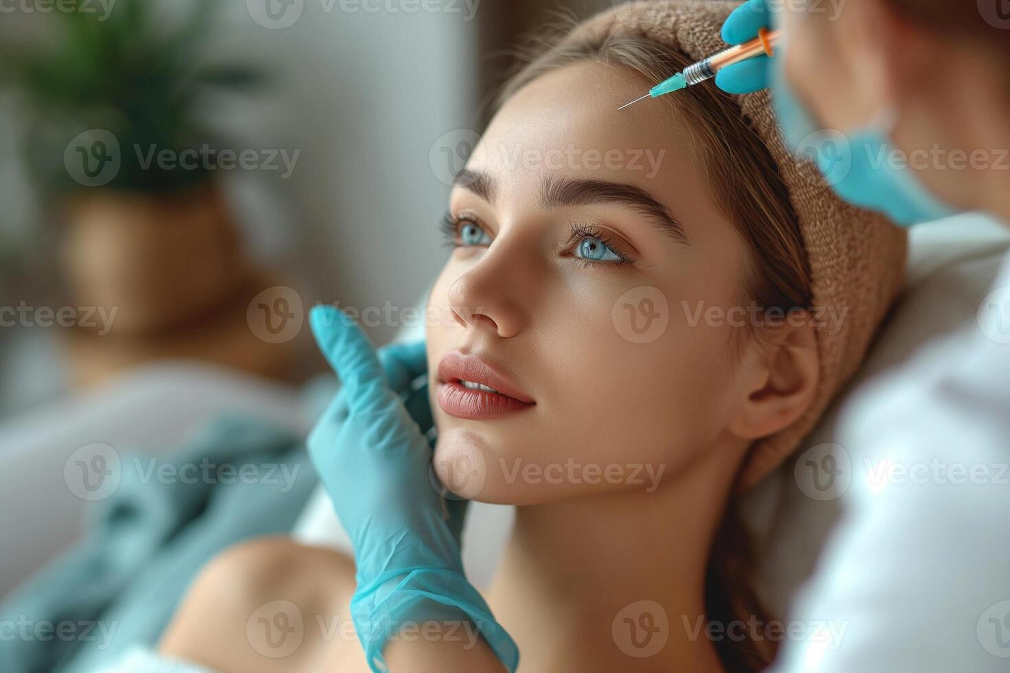 AI generated A cosmetologist, a woman about 35 years old, gives beauty injections to a woman about 30 years old, who is lying on the couch photo