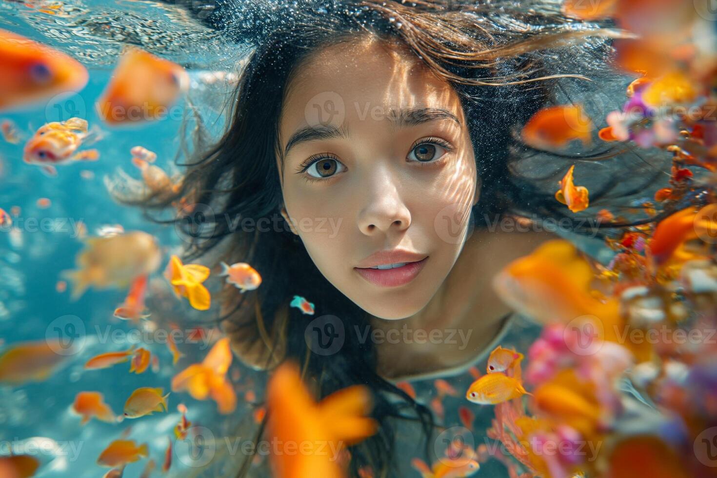 AI generated Beautiful woman with long black hair swimming in the red sea with colorful fish and corals photo