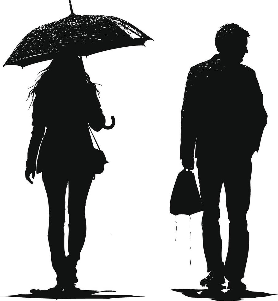AI generated Silhouette woman and man with umbrella black color only full body vector