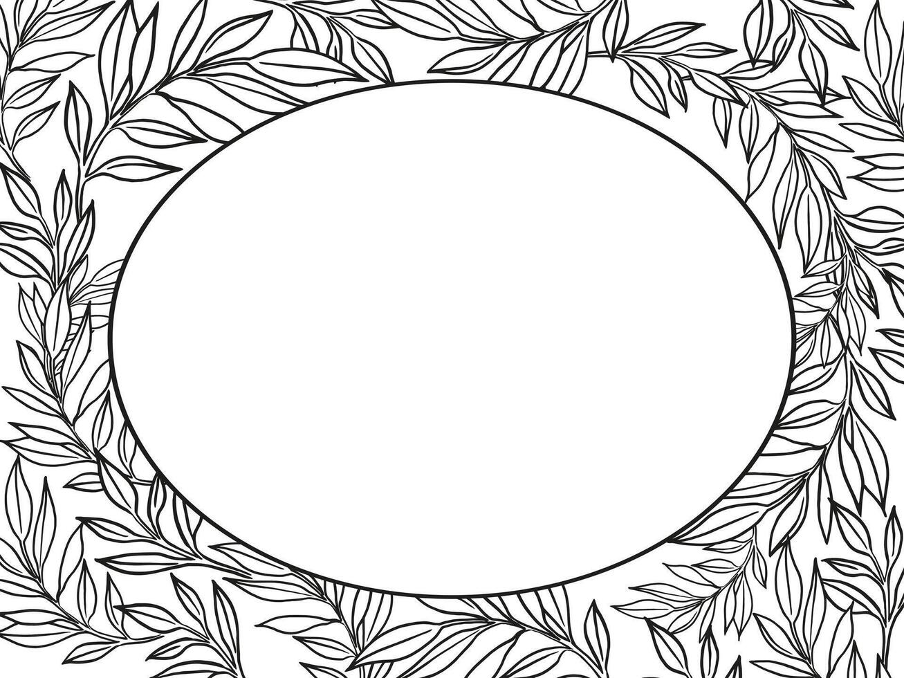 hand drawn frame with vector plants, brunch of flowers, sketch of leaves, herbs, grass, inked silhouette of leaves, monochrome illustration isolated on white background