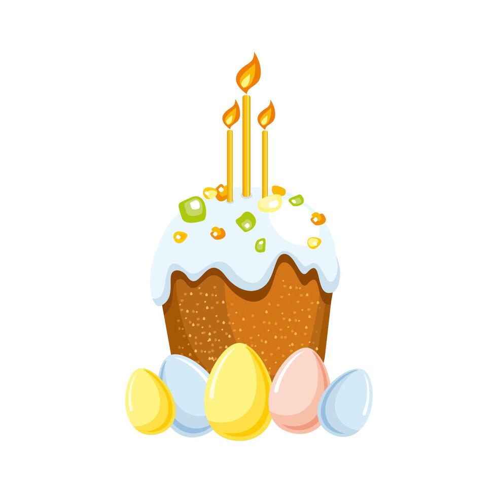 vector illustration of Easter theme, colorful Easter cake with icing, candied fruits and light candle, different pastel color Easter eggs isolated on white background