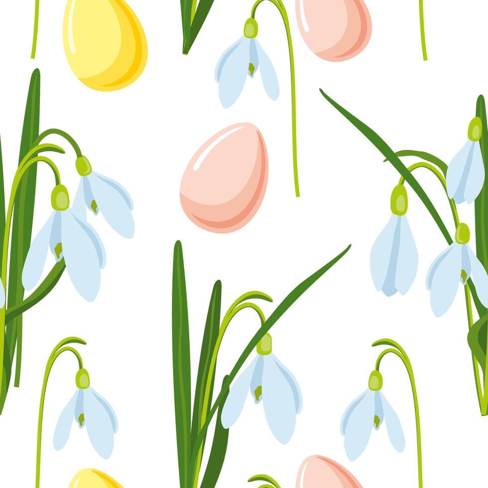 vector illustration of Easter theme, seamless pattern with bouquet of spring flowers snowdrops and multicolor pastel Easter eggs, spring party illustration on white background