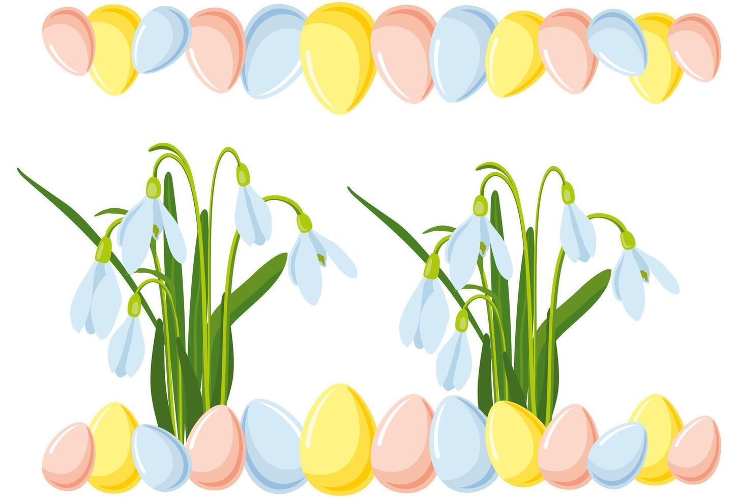 vector illustration of Easter theme, bouquet of spring flowers snowdrops and multicolor pastel Easter eggs, spring party illustration on white background