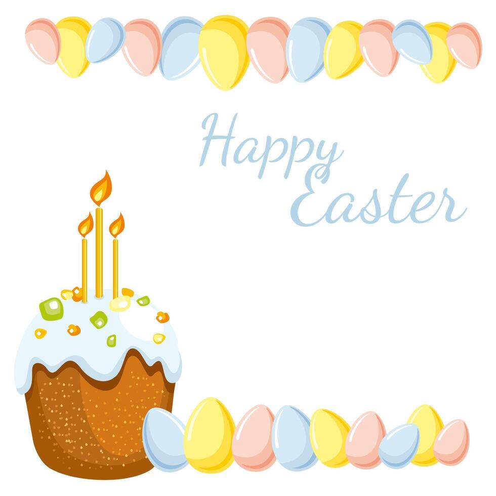 vector illustration of Easter theme, colorful Easter cake with icing, candied fruits and light candle, different pastel color Easter eggs isolated on white background