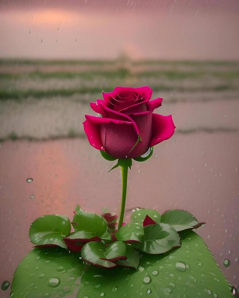 un soltero Rosa es en pie en el lluvia en un hoja foto