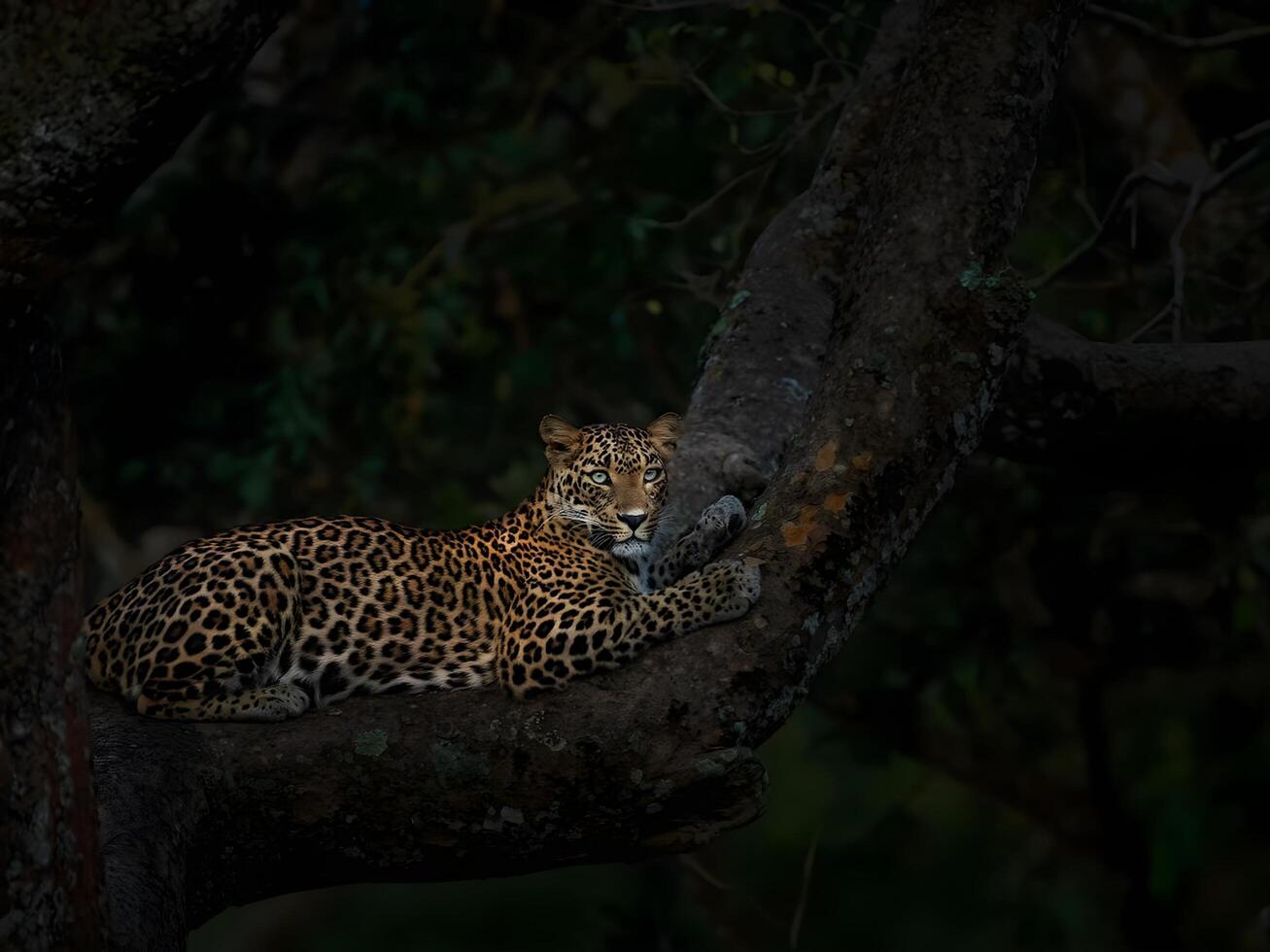 a leopard resting on a tree branch in the dark photo