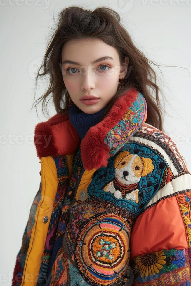 AI generated Naive Puppies Pattern Quilted Down Jacket Front-View photo