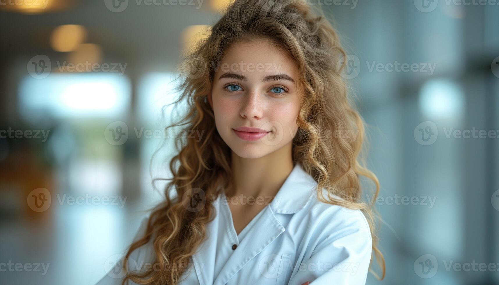 AI generated Woman in White Lab Coat Looking at Camera with Copy Space photo