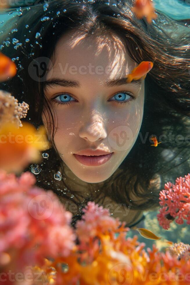 AI generated Beautiful woman with long black hair swimming in the red sea with colorful fish and corals photo