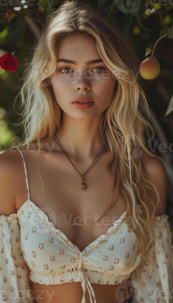 AI generated Portrait of a lovely young blonde woman in a white polka dot blouse amid summer's lush fruit trees photo