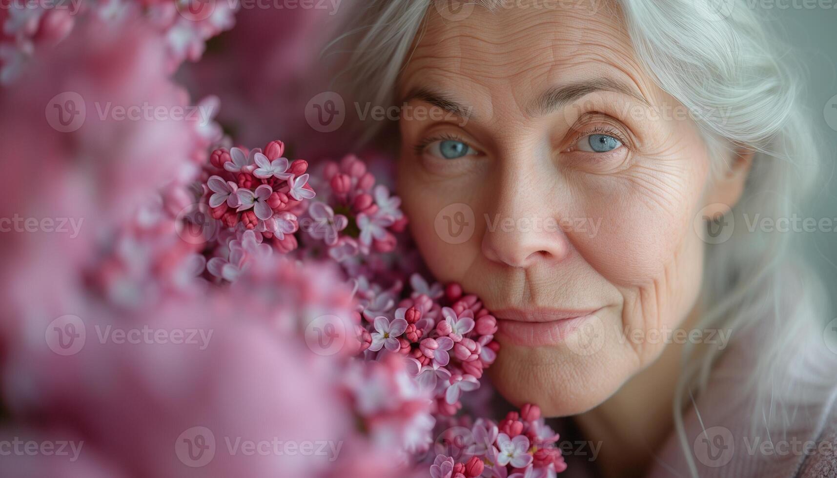AI generated Joyful senior woman enjoying the fragrance of lilacs photo