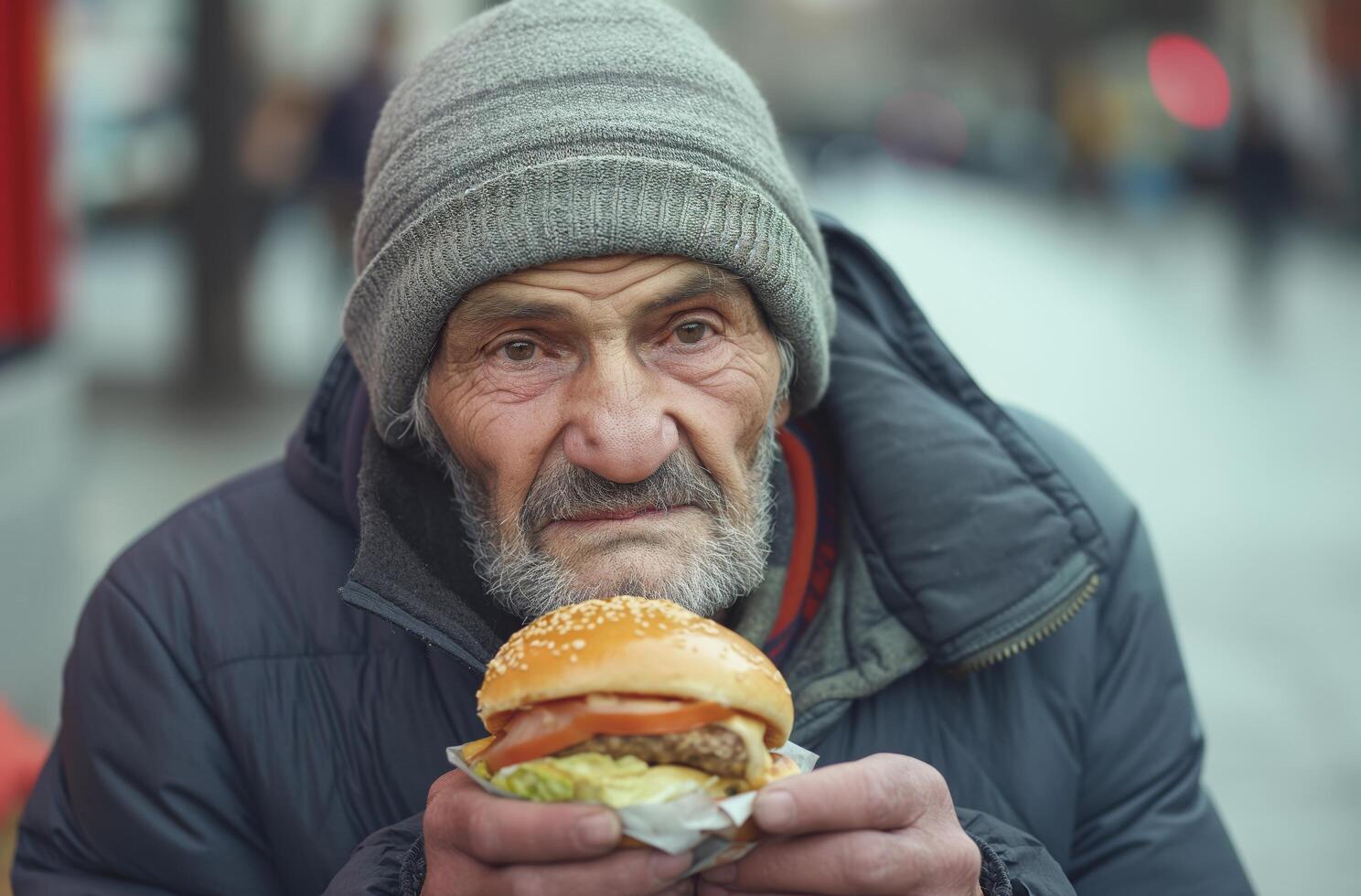 ai generado hombre con calle hamburguesa foto