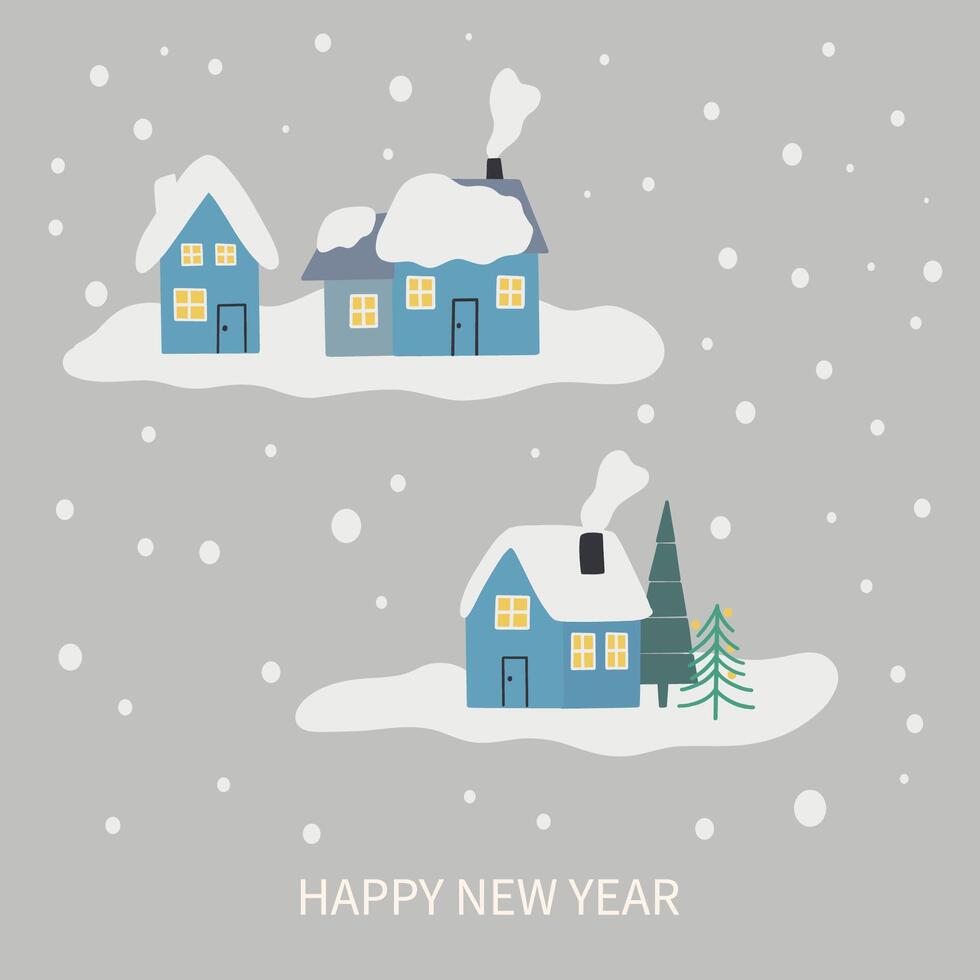 Winter holiday greeting card with a winter landscape with houses in snowy weather. Merry Christmas and Happy New Year. Hello winter. Lovely hand drawn vector design. Postcards with space for text