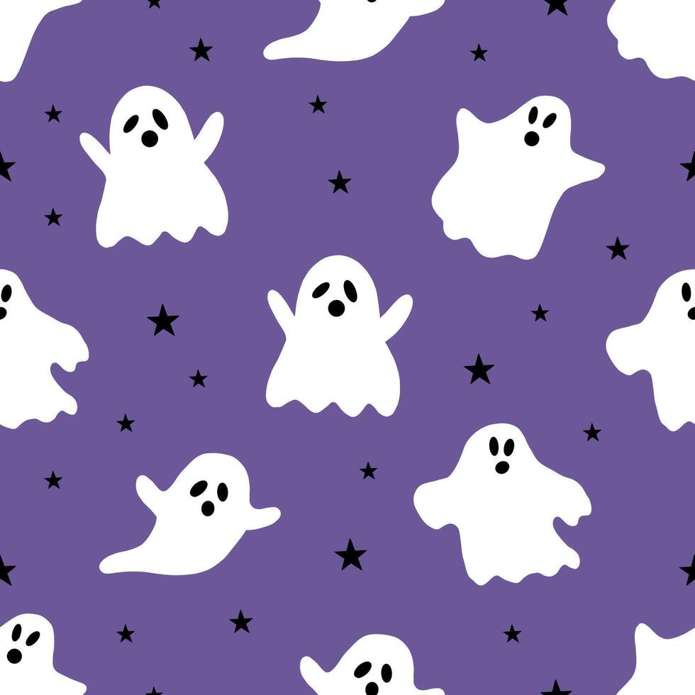 Seamless pattern with ghost. Happy Halloween. Cute ghost and stars repeat print on purple background. Hand drawn seamless pattern vector