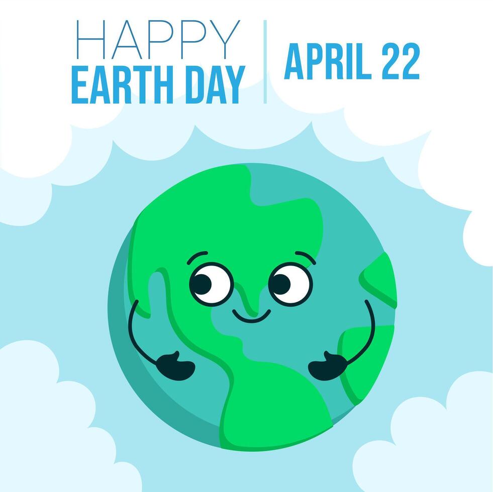 Happy earth day april 22, the happy planet earth in the clouds. vector