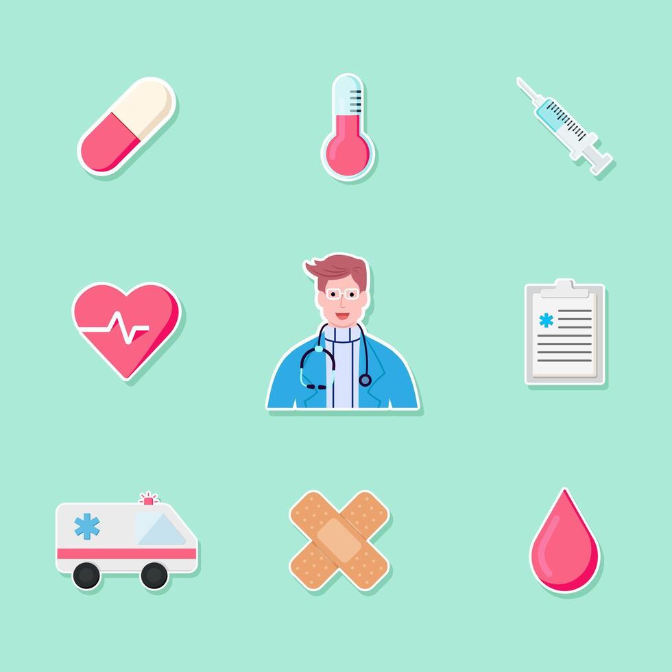 Medicine stickers set. Bundle of test tube, pills, heart, vitamins, ambulance, blood. Vector illustration.