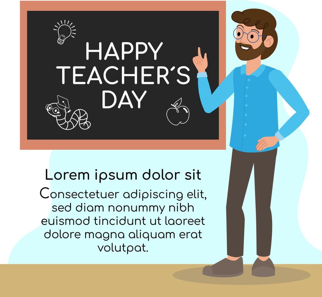 A teacher teaching in front of the blackboard. Happy teachers day text. vector