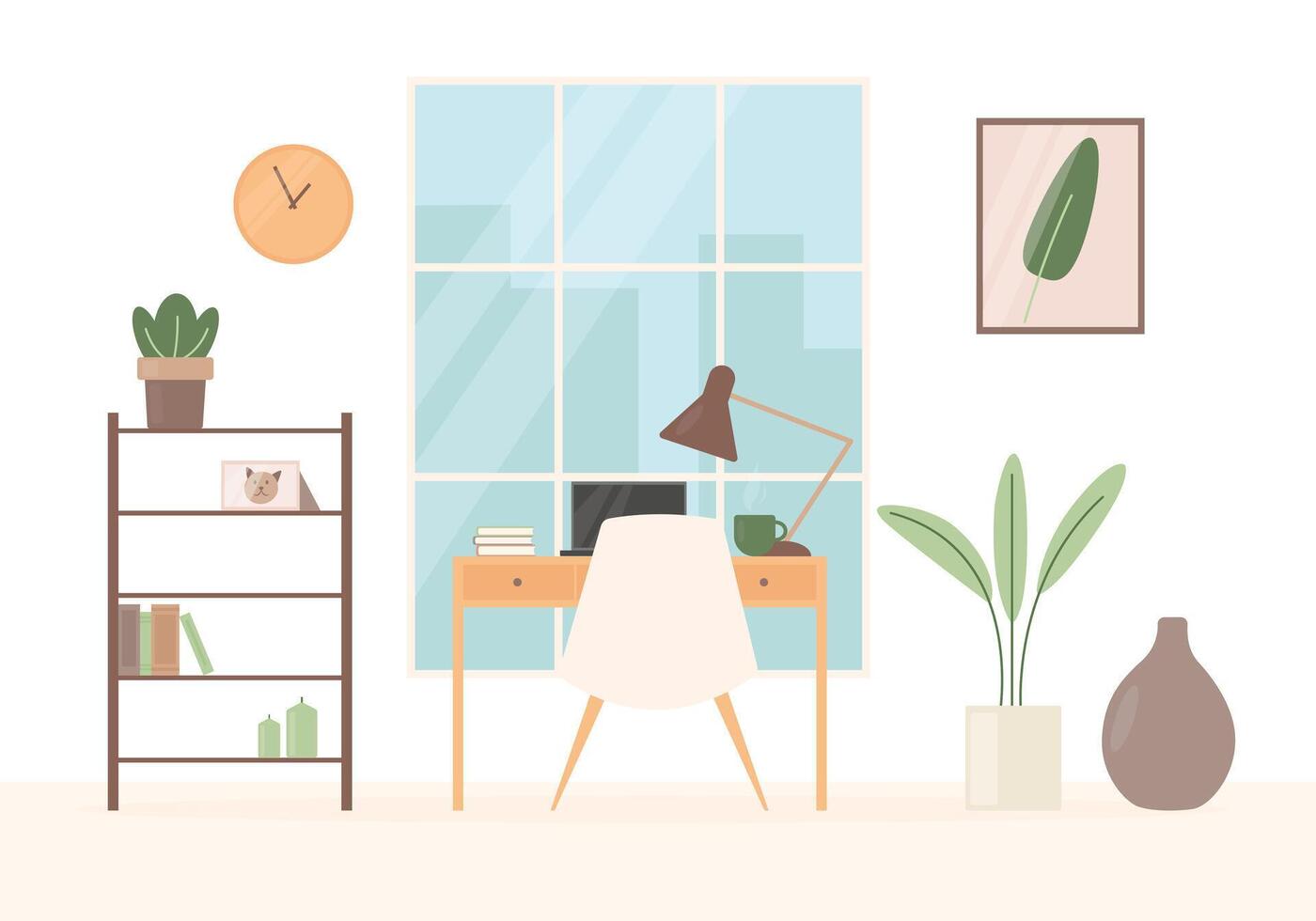 Cute home office with workplace in front of the window with a city view. Modern interior in flat style vector