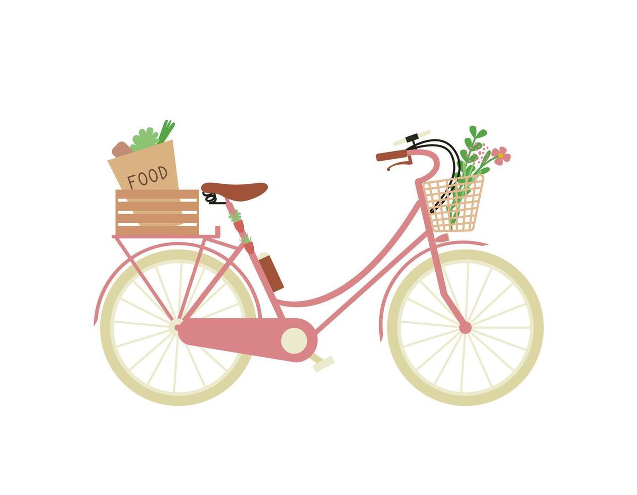 Bicycle as ecological city transport with grocery bag in basket, bunch of flowers, smartphone, bottle of water. Cartoon vector