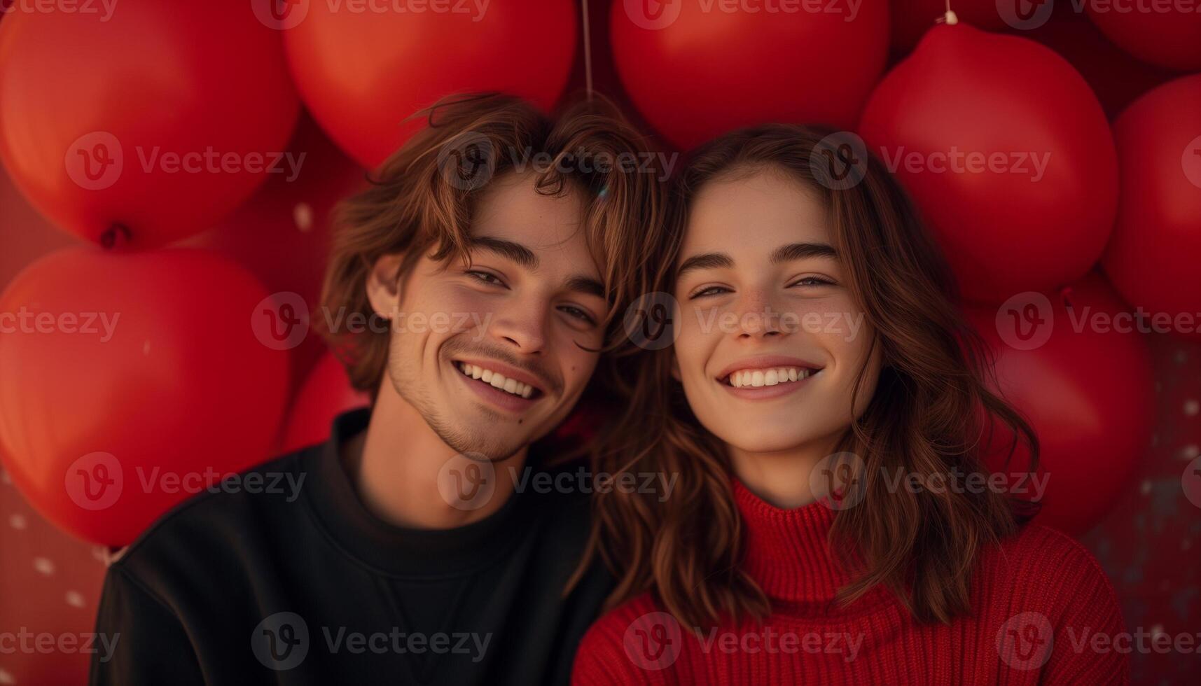 ai generado americano Pareja soportes en medio de rojo en forma de corazon globos, evocando San Valentín día romance con un sutil sombra efecto foto