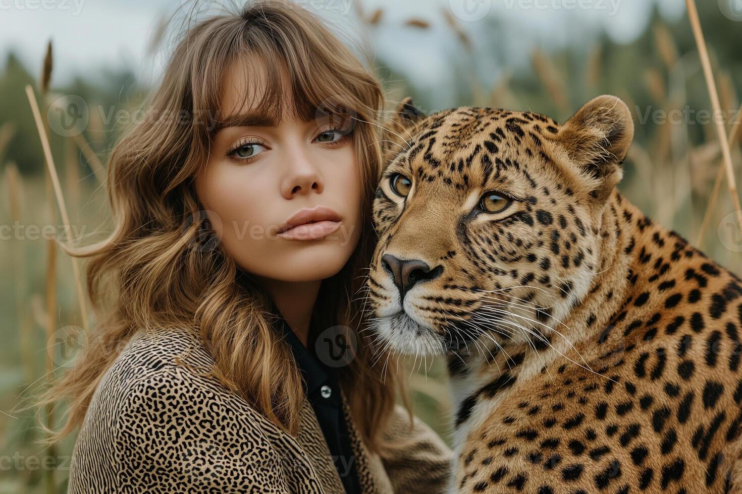 AI generated minimalism, a woman in a leopard print suit stands next to a leopard photo