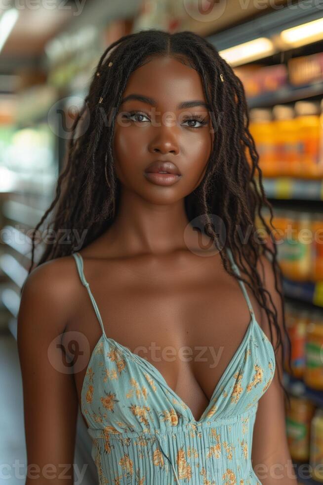 ai generado hermosa africano americano mujer con largo pelo vistiendo un vestir en un tienda de comestibles Tienda en America, 2020 foto