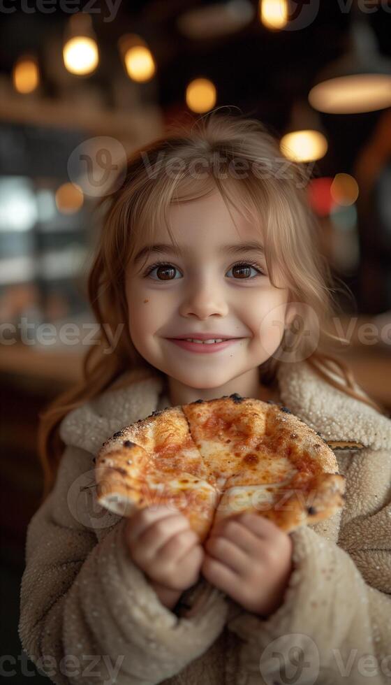 ai generado retrato de niño deleitando en pizzería Pizza foto