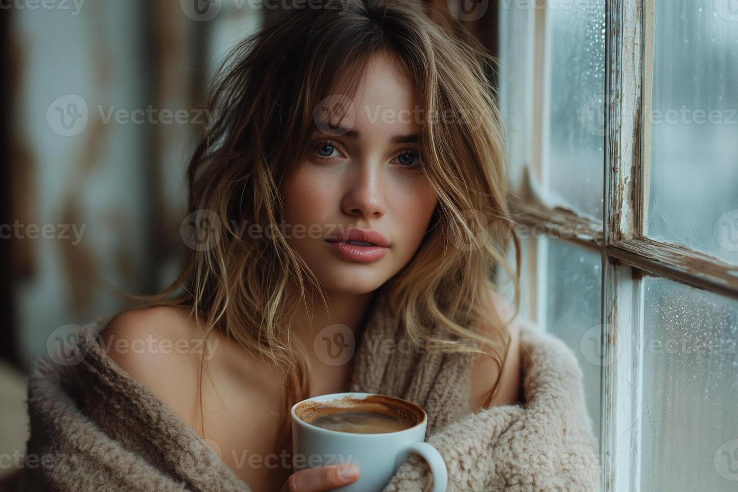 AI generated woman with a captivating presence sits by the window, holding a steaming cup of coffee photo