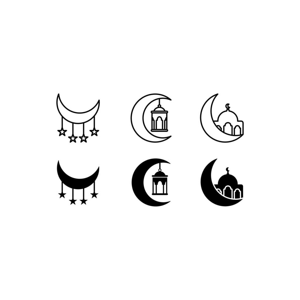 musulmán Ramadán icono vector ilustración diseño plantilla, Luna y estrellas, Luna y mezquita, Luna y linterna.aislado blanco antecedentes con línea estilo y negro llenar.