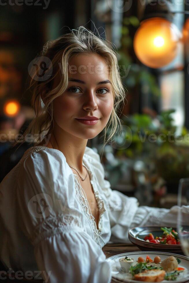 AI generated Portrait of a young blonde woman having lunch in a restaurant photo