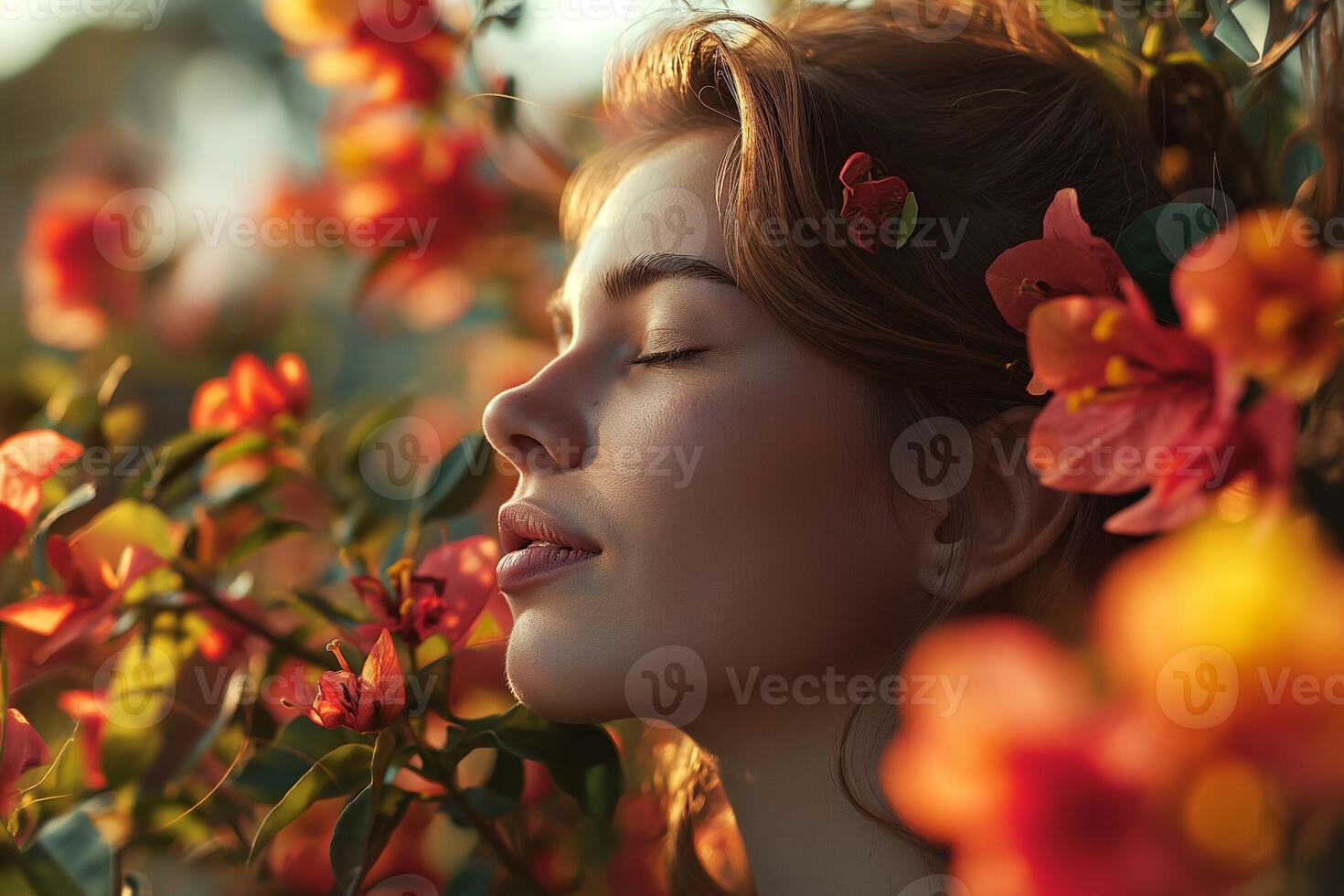 AI generated Beautiful young woman in a fairytale spring garden photo